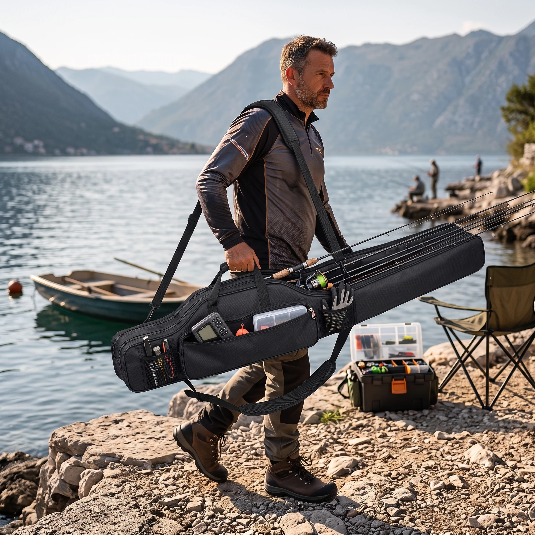 Portable Fishing Bag Folding Fishing Rod Reel Bag Fishing Pole Gear Tackle Tool Carry Case Carrier Travel Storage Bag Organizer view 6