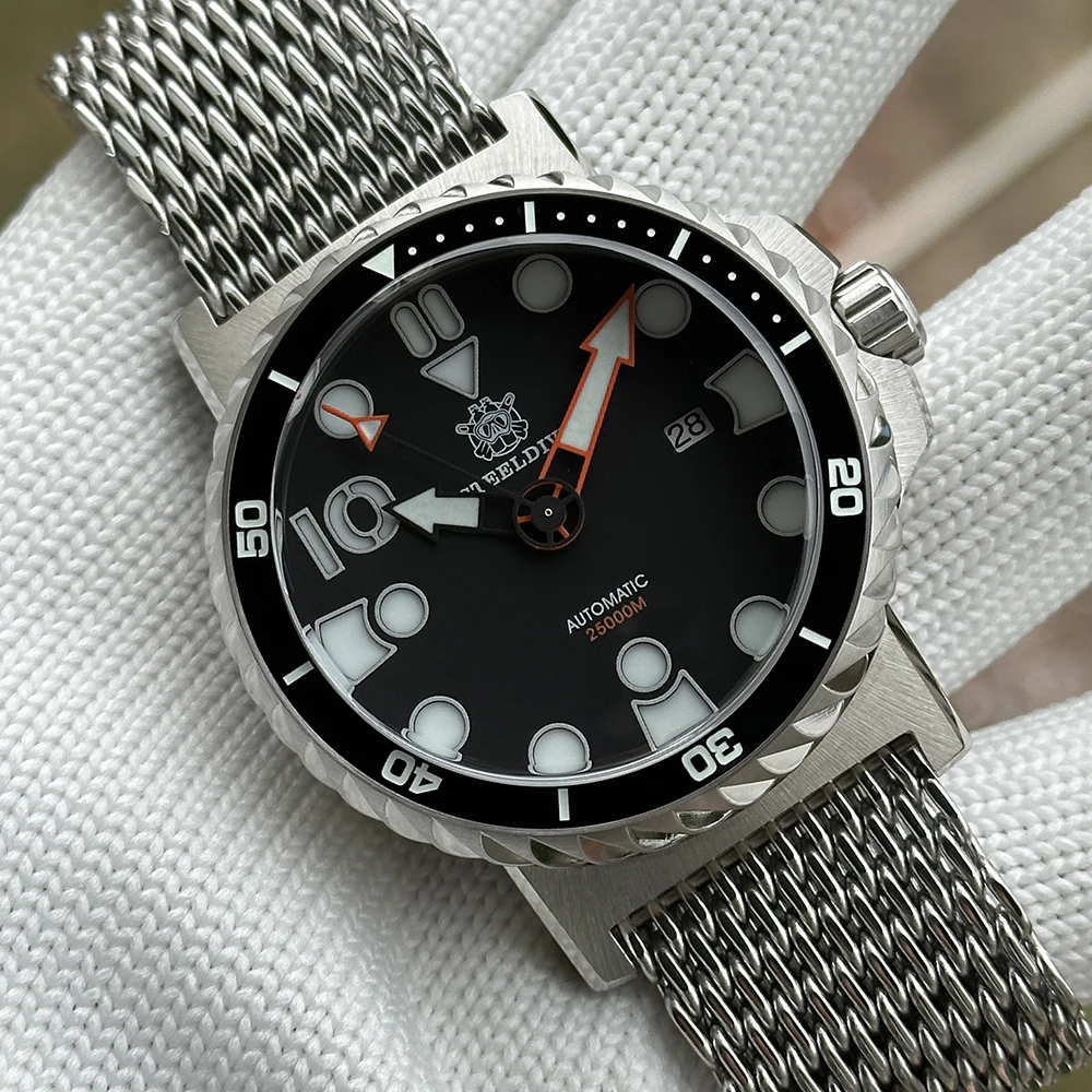 STEELDIVE Offizielle SD1982H blau leuchtende 46,5 mm 25000 m wasserdichte Saphirglas-Keramiklünette NH35 Herren-Taucheruhren mit Datum 6