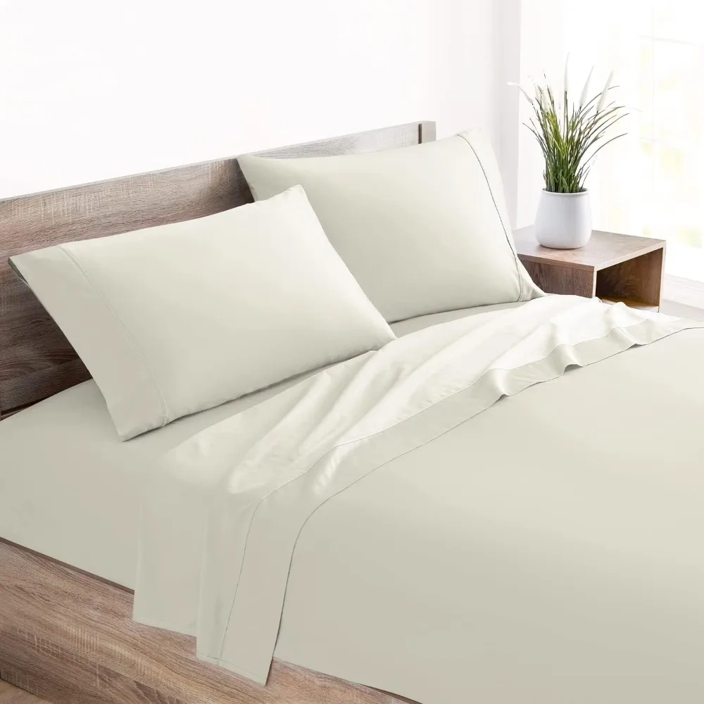 

400 Thread Count Cotton Sateen Bedding Set - 4 Piece White Bed Sheets Set - Fits Mattresses up to 16" Deep - Cooling Sheet for