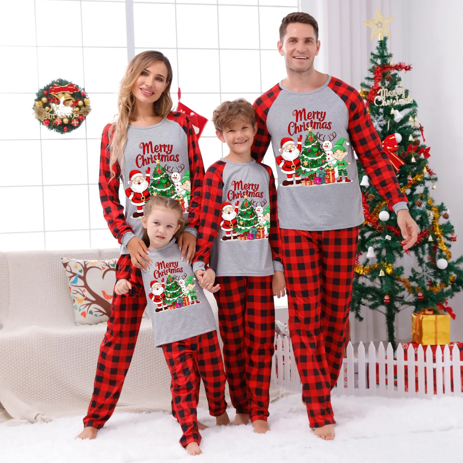 

Одинаковые пижамные комплекты для всей семьи с принтом Санта-Рождественской елки, свободный костюм с длинными рукавами и круглым вырезом, одежда для сна, рождественский вид, пижама