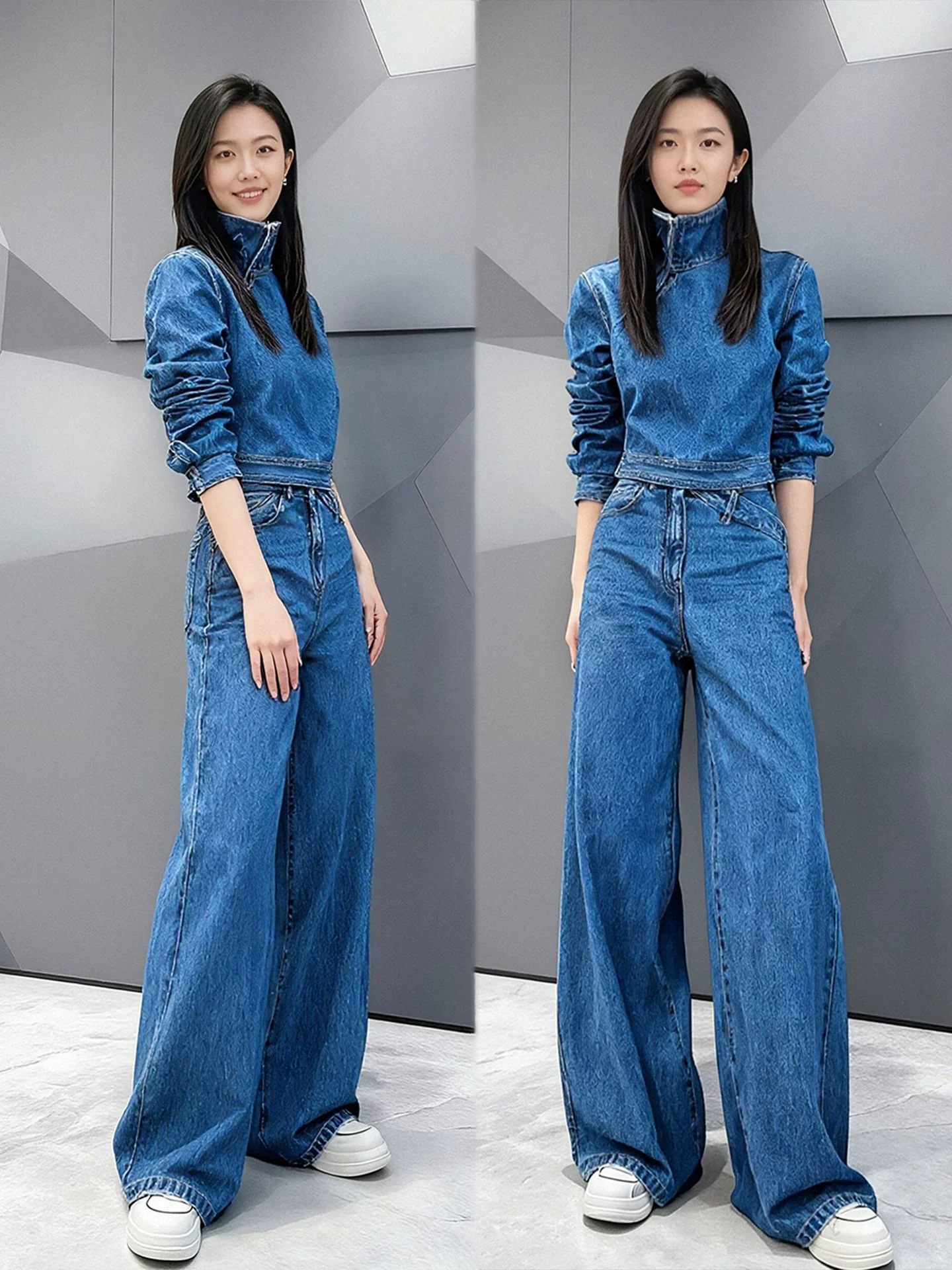 

Spring New Sle Women's High Waist Wide Leg Denim Jumpsuit Casual Versatile Faionable Straight Cut Long Pants Cotton Blend
