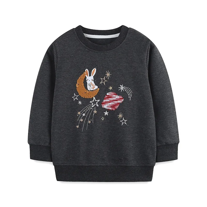2-7T Girls Sweatshirts 100% Cotton Pullover Tops Moon Rabbit Reversible Sequin Long Sleeve Crew Neck Kids Hoodies