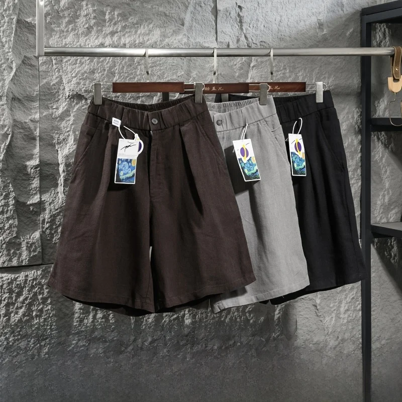Retro Japanese Style Linen Silk Men's Loose Straight Leg Shorts Draping Artistic Wide Leg Five-Quarter Pants Casual Leisure