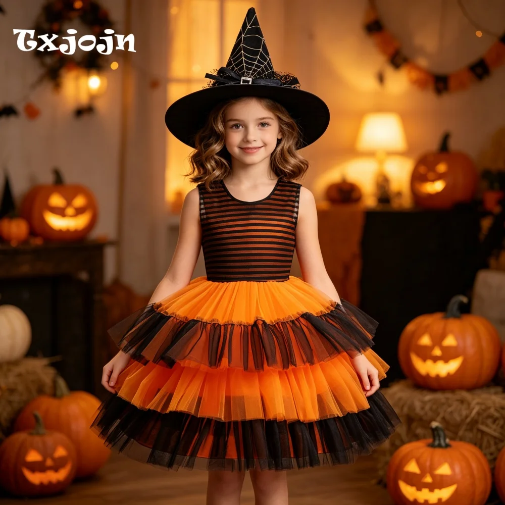 Halloween Girl's Dress with Free Hat 3-14 Years Old Girl's Striped Layered Fluffy Dress Puff Sleeve Mesh Dress Performance Dress