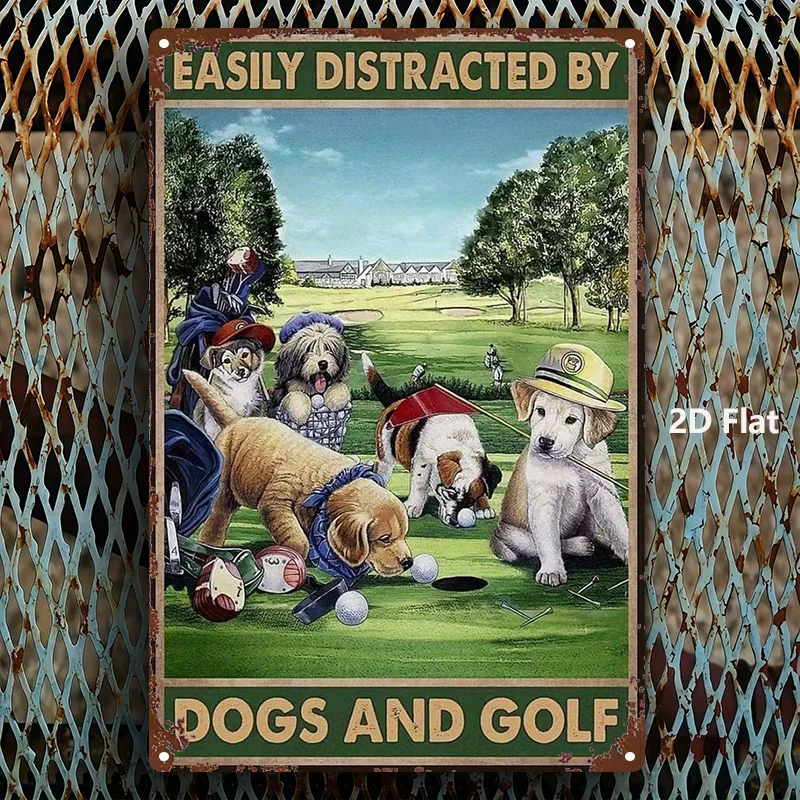2D Flat, 1pc, Metal Sign, Funny Dog and Golf Tin Sign, with a vintage distressed look, suitable for home, restaurant, cafe, bar, or garage decoration, perfect for room decoration - 8x12inch view 2