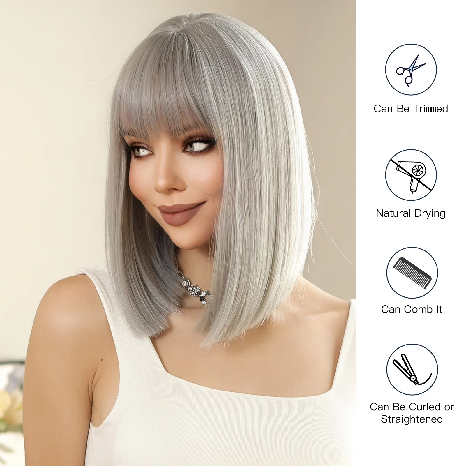 Perruque synthétique courte lisse gris argent avec frange, faux cheveux naturels de Cosplay mi-longs pour femmes, perruque quotidienne résistante à la chaleur