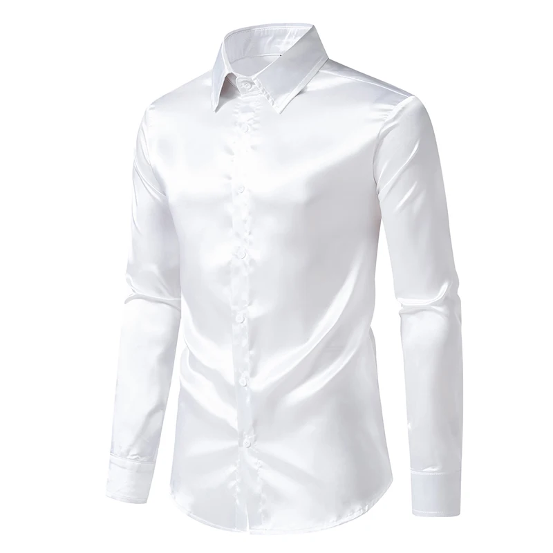 Herren Satin Luxus Hemden Mode Seide Glatt Männlich Smoking Hemd Solide Hochzeit Party Prom Casual Hemd Business Büro – Detail 32