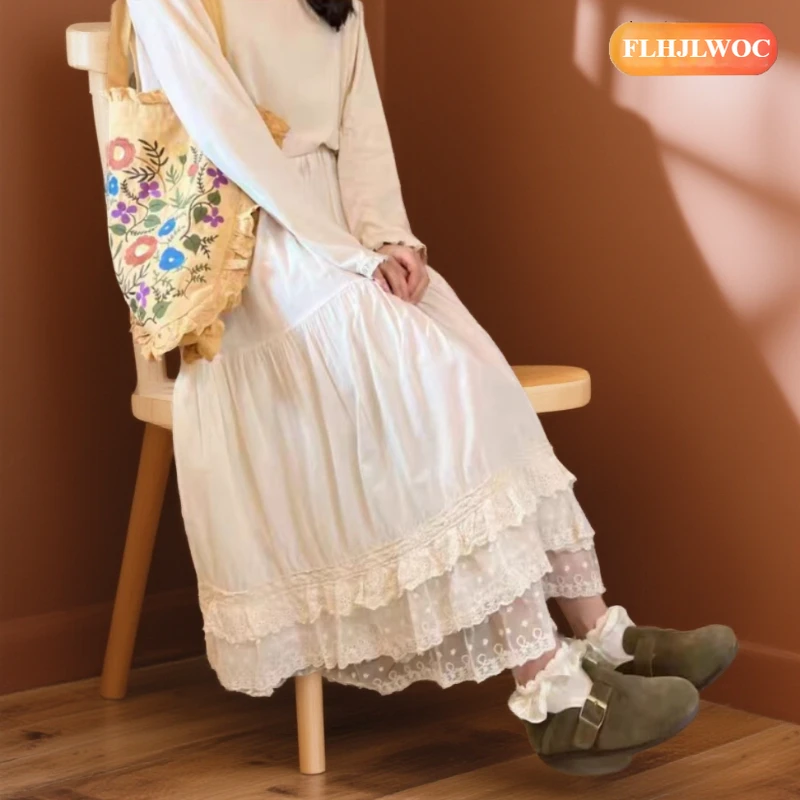Lace Cotton Skirts Lolita Style Girls Cute Sweet Japan Style Date Princess Layer Puff Ruffles Lantern Retro Vintage Long Skirts