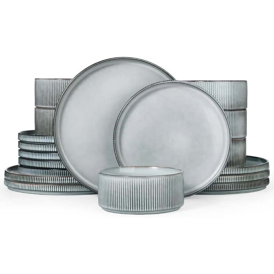 

Modern Stoneware Dinnerware Sets for 6 18Piece Kitchen Dish Set with Smoky Blue Design Ideal for Daily Dining and Entertaining