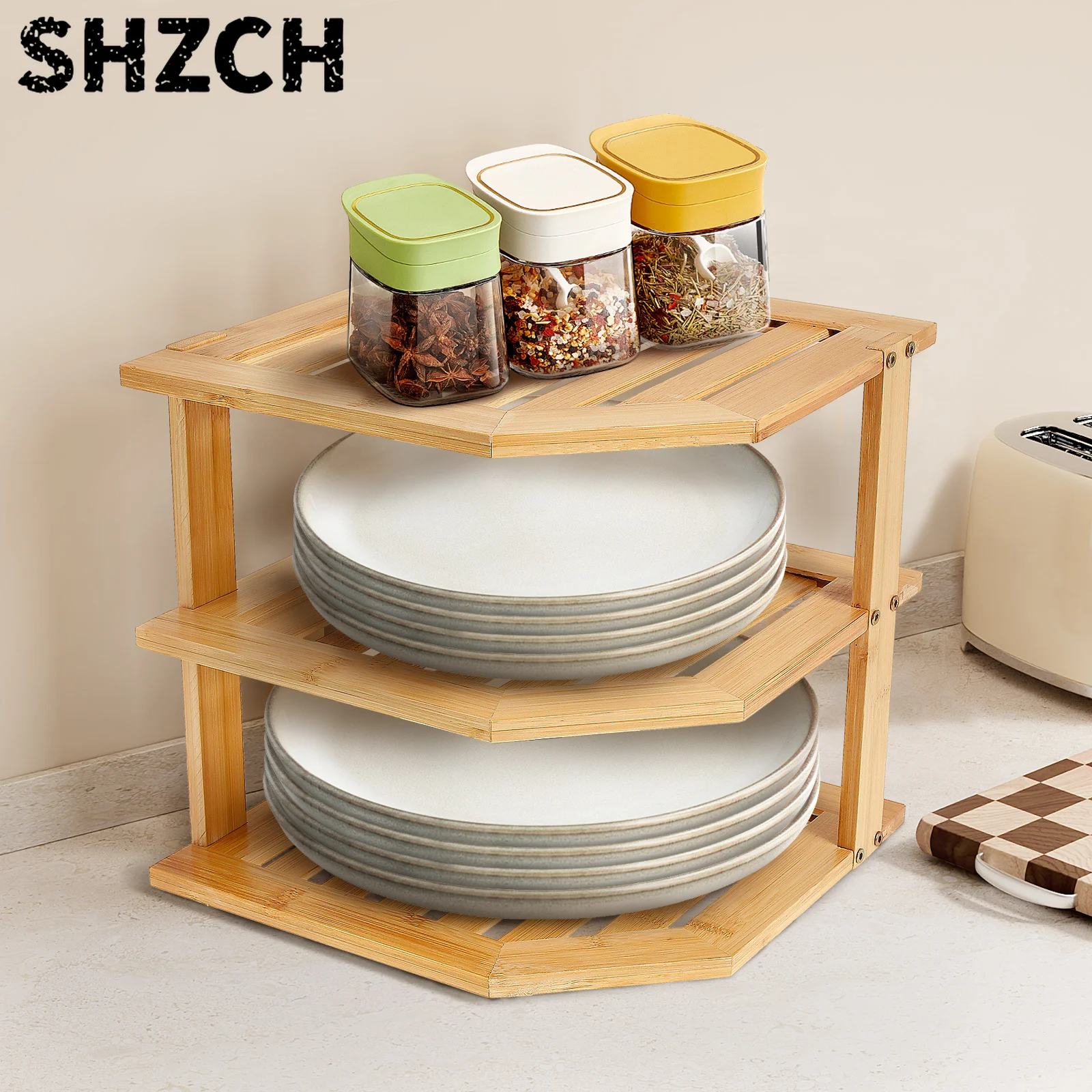Three-story Kitchen Locker Storage Rack, Durable Tableware Organizer, Corner Rack.