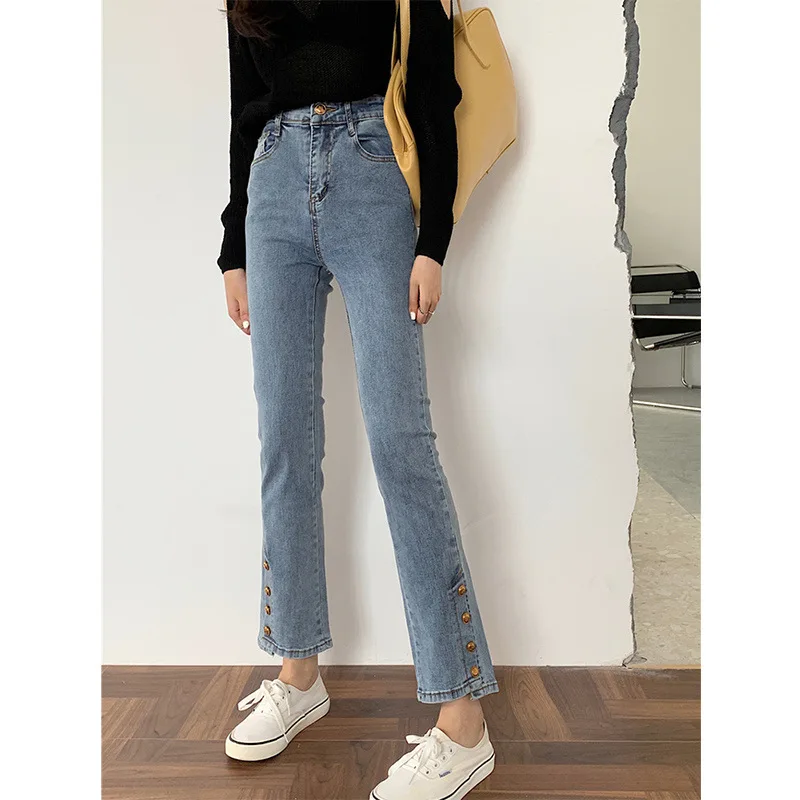 Retro Blue Jeans Women Fashion High Elasticity Versatile High Waist Straight Slim Denim Pants Solid Colour Large Size Y2k Jeans