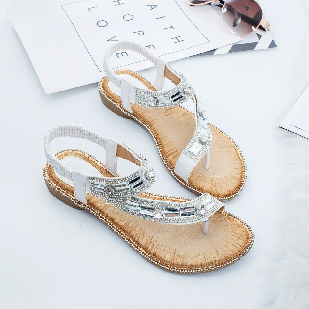 36-42 Shoes for Women Summer 2024 Fashion Bohemia Style Sandals Women Lattice Stripe Beach Rhinestone Sandalias De Mujer