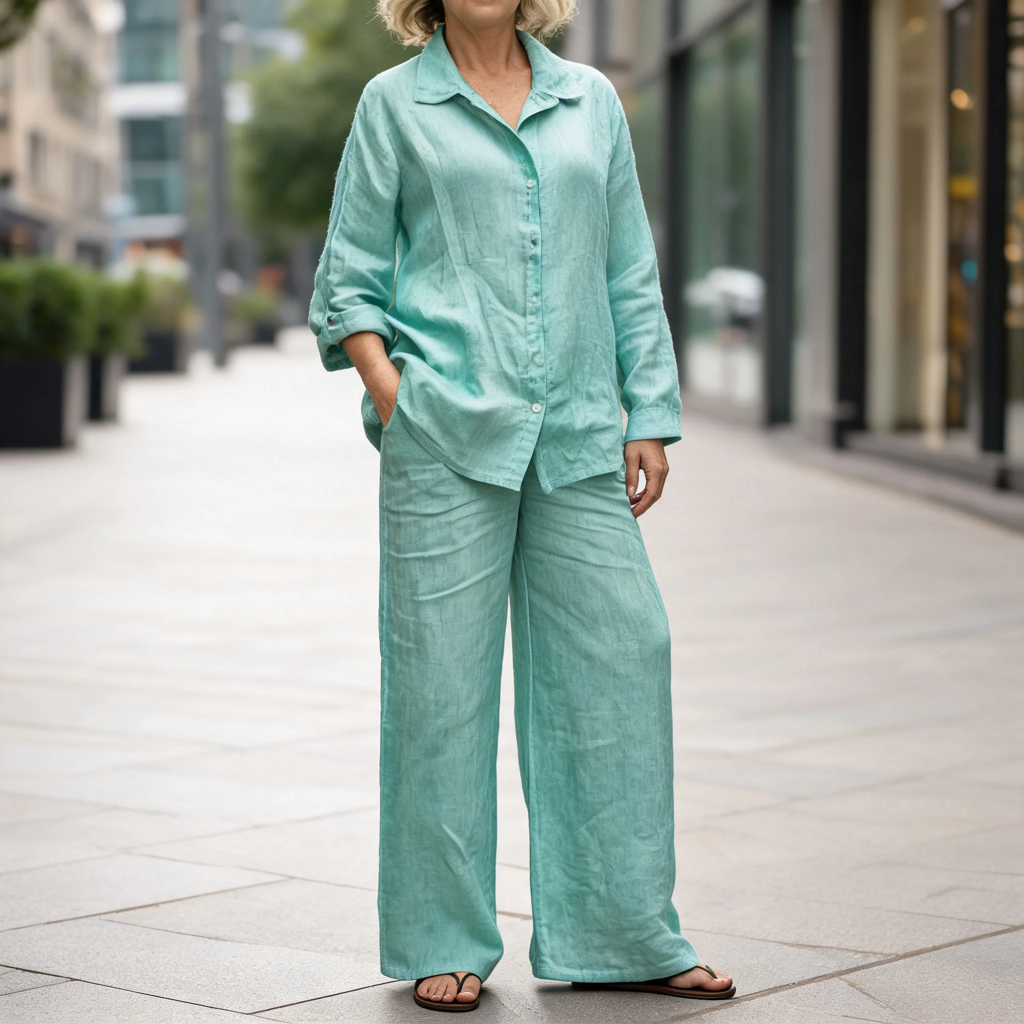 Regular Sleeve Button Set Full Length Commuter Chic with Long Sleeve Urban Elegant Full Length Pants Wrinkle Finish Set Women