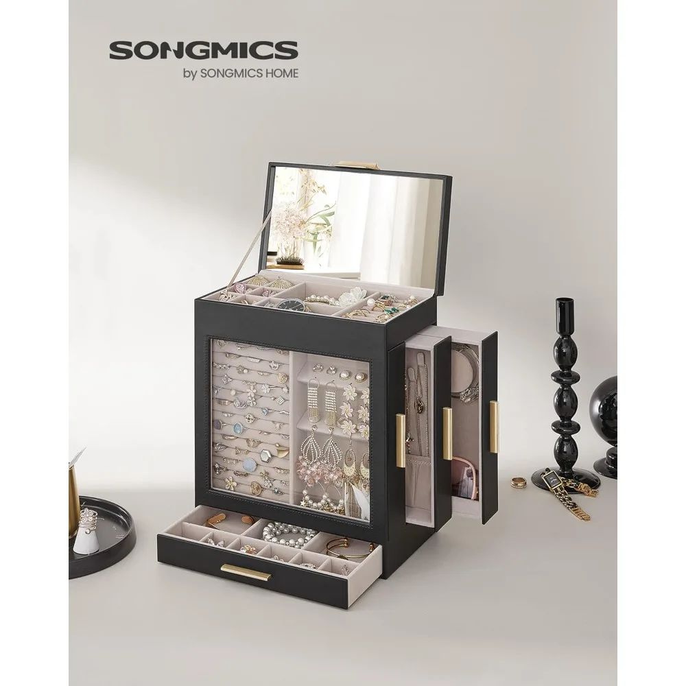 Jewelry Box with Glass Window, 5-Layer Jewelry Organizer with 3 Side Drawers, Jewelry Storage, with Big Mirror