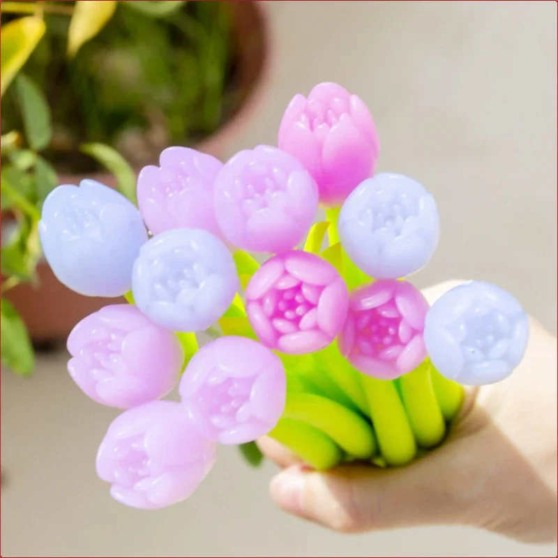 

5 PCS Kawaii Flower Tulip Gel Pen Color Changing Cute Neutral Pens 0.5mm Black Ink Writing Office School Stationery Gifts