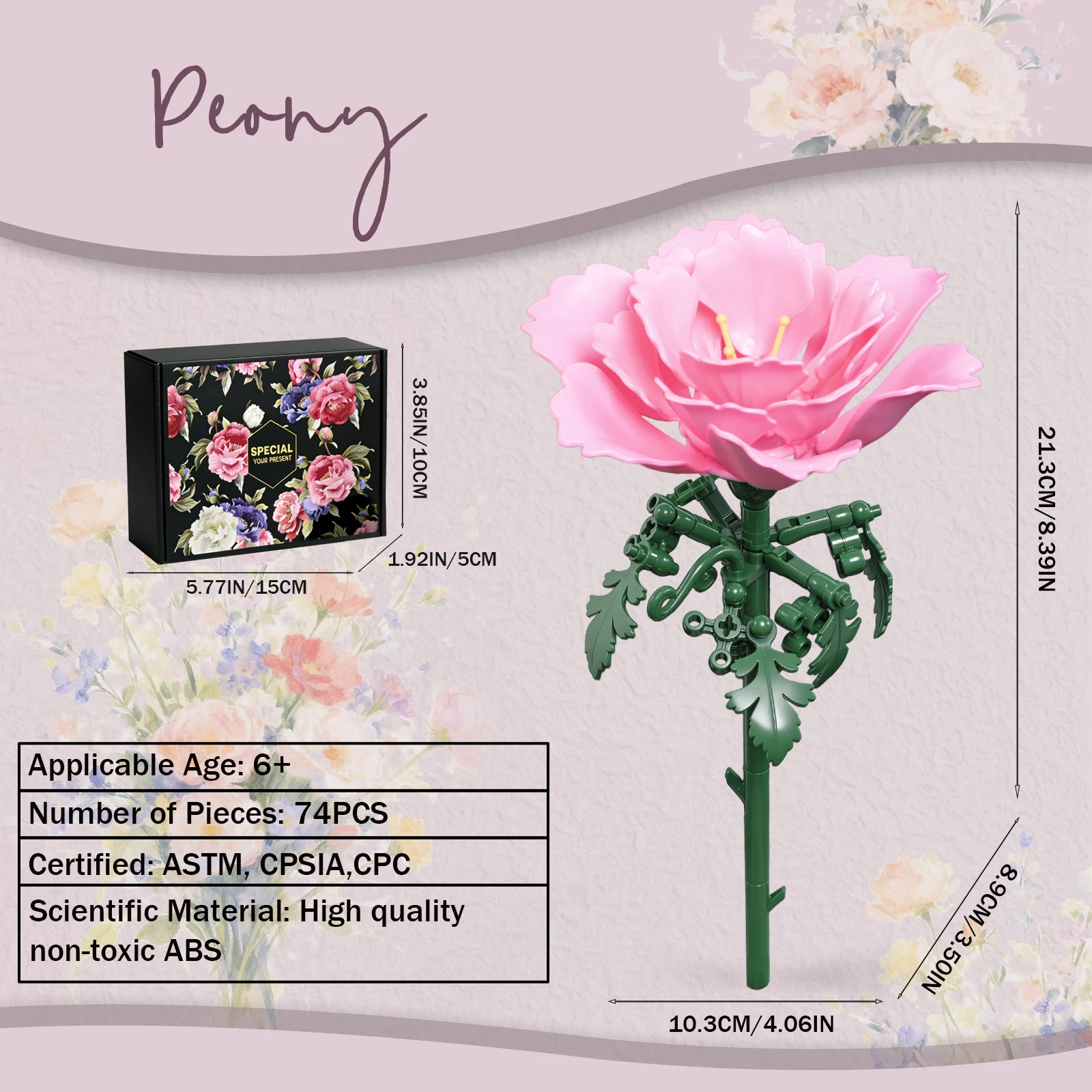 Peony Blossoms Building Block Bouquet Flowers Featuring Gradient Petal Details Ideal for Tabletop Display Home Deco（74 PCS）