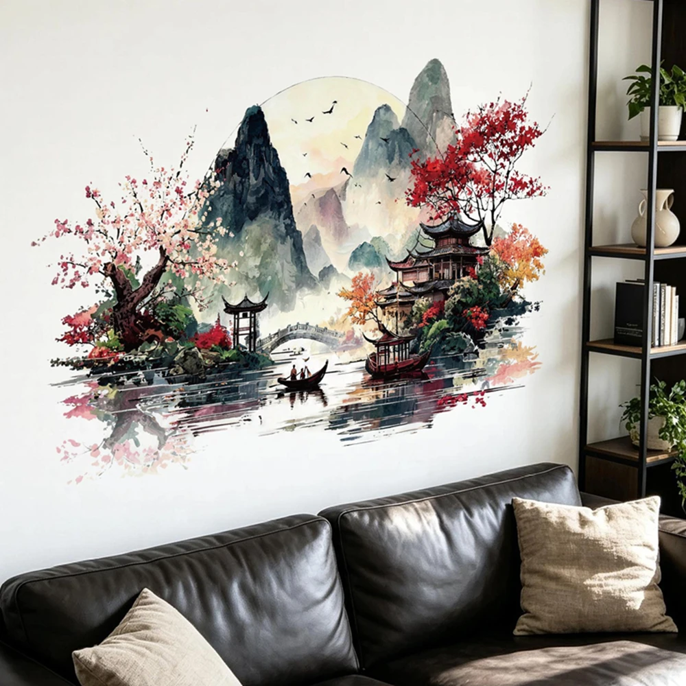 Large Chinese Ink Wash Sunrise Landscape Wall Mural Ancient Pavilion Maple Tree Vinyl Stickers Aesthetic Room Home Decor Art
