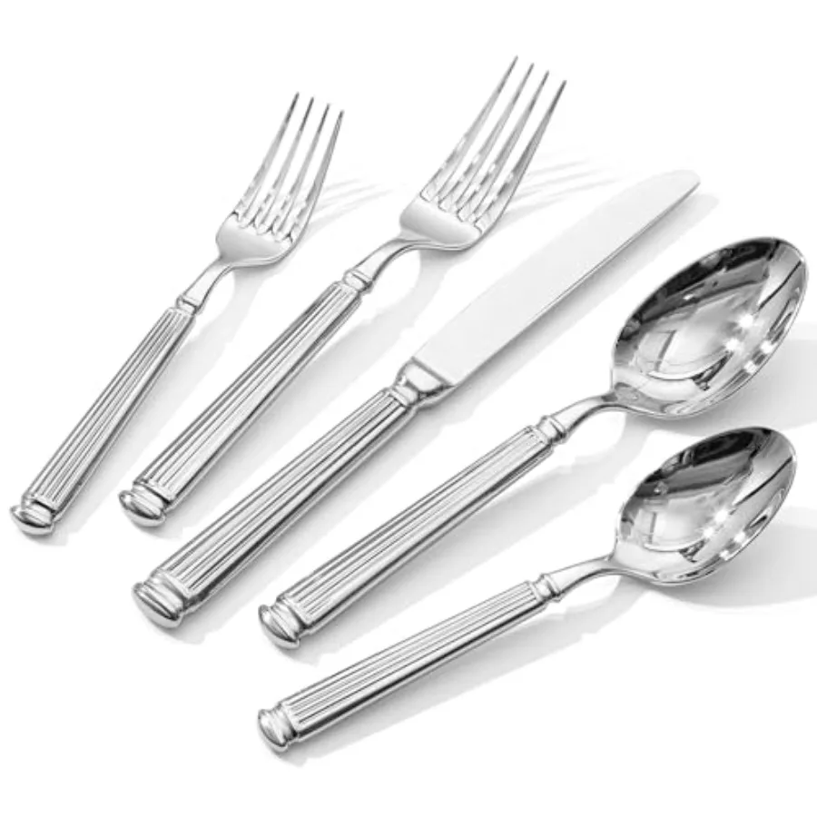 

KINGSTONE Silverware Set 18/10 Stainless Steel Flatware Set - Roman Column Embossed Thick Handle for Wedding Home Restaurant Ki