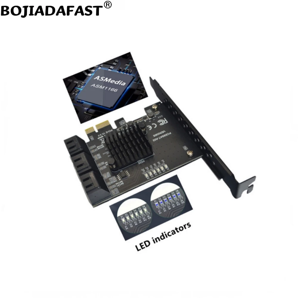 6 Ports SATA 3.0 Connector To PCIe X1 PCI-E 3.0 1X Adapter Expansion Riser Card 6Gbps ASM1166 For HDD Hard Disk Drive