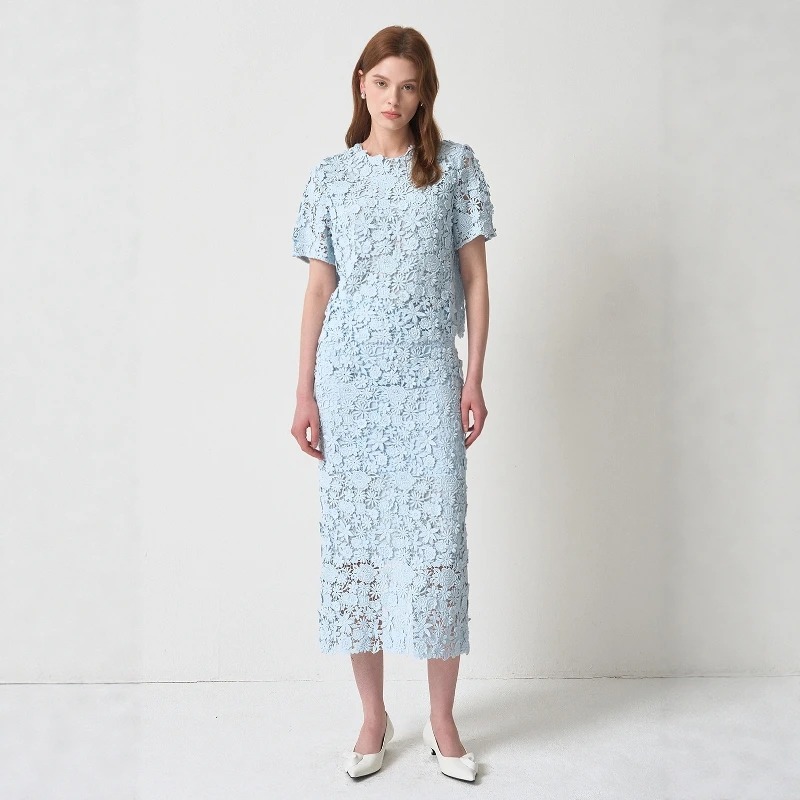 

Korean Romantic Lace Slim Fit Set round Neck Top Elegant Slimming Half Skirt Fashionable Casual Wear for Women Summer Season