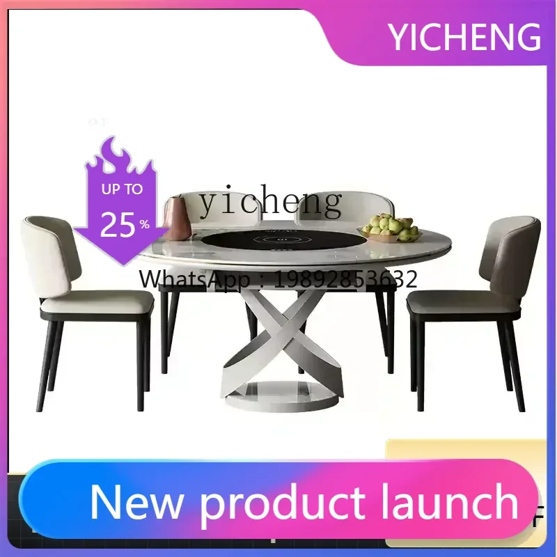 A2-9 Slate Dining Table Retractable Cream Wind Multifunctional Folding Round Table with Induction Cooker