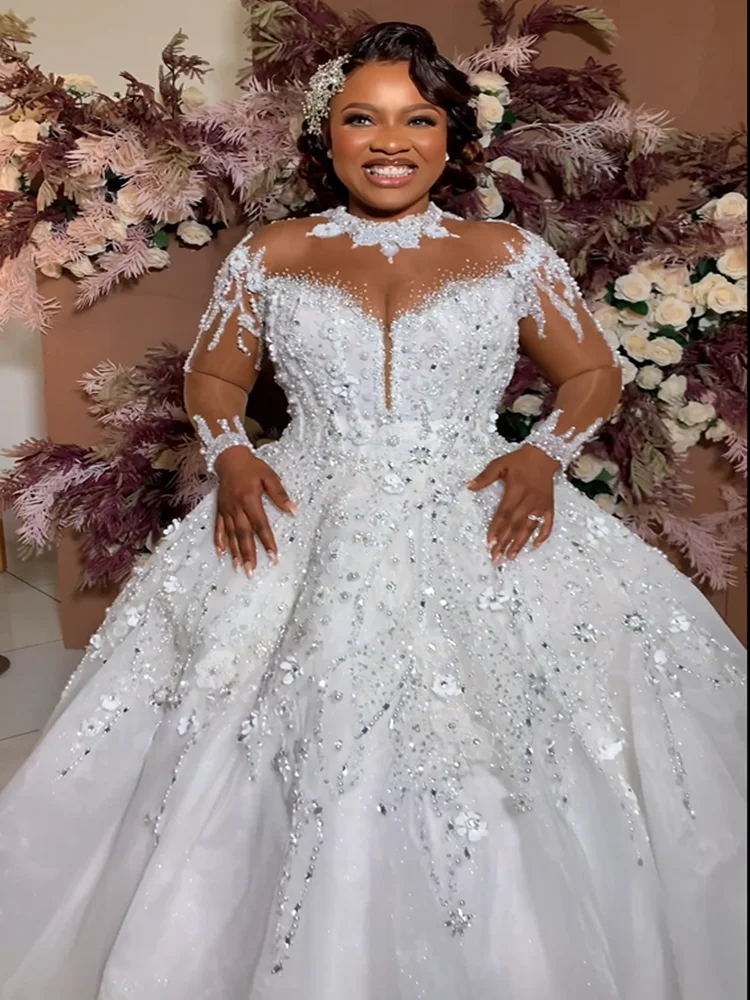 Superbe robe de mariée à col haut avec perles, robes de Rhtransparentes, train de balayage, robes de mariée de luxe, Icide, manches longues, patients, quoi que ce soit