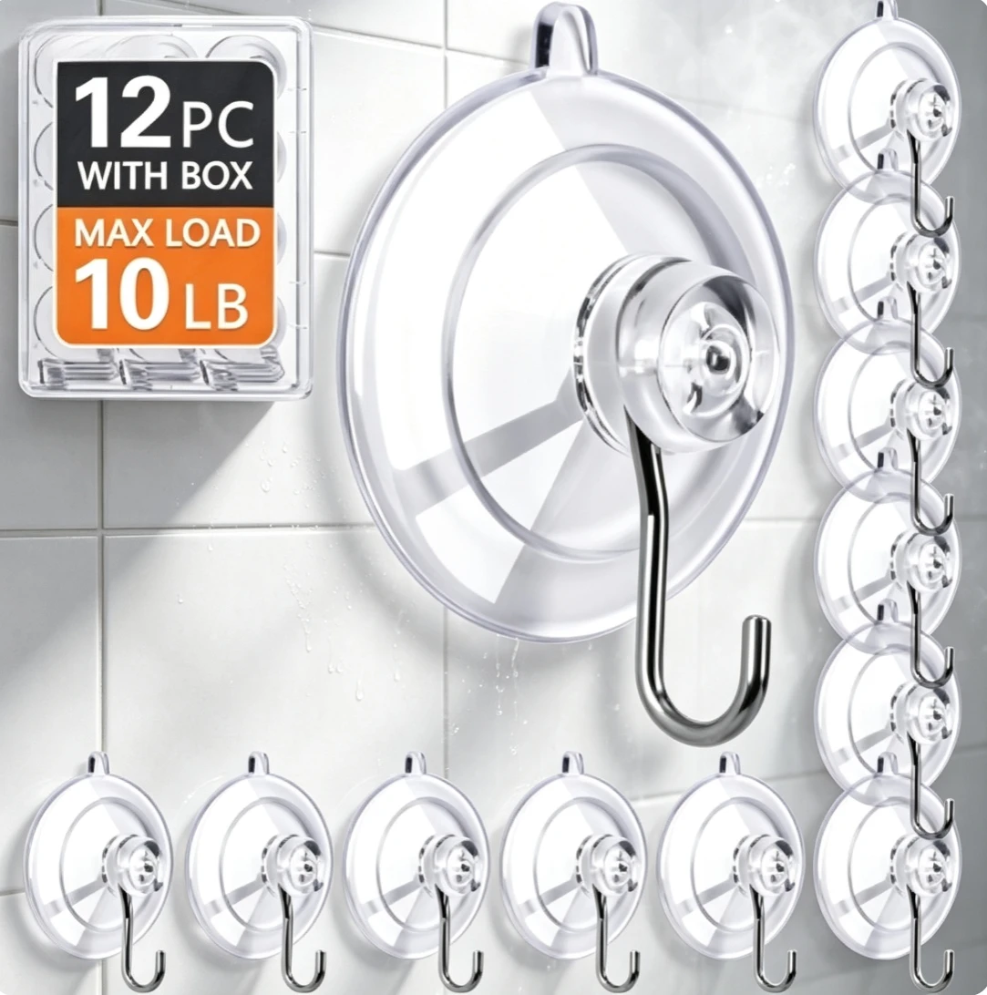 Reusable Strong Suction Cup Hooks 12 Pack Stainless Steel Hooks Max Load 10LB for Bathroom Shower Kitchen Tile Glass Window No Trace Removable Hanging