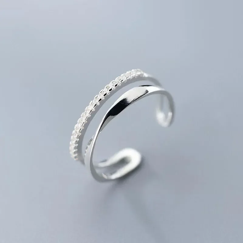 925 Sterling Silver Double Geometry zircon Ring For Women Jewelry Finger Adjustable Open Ring For Party Birthday Gift