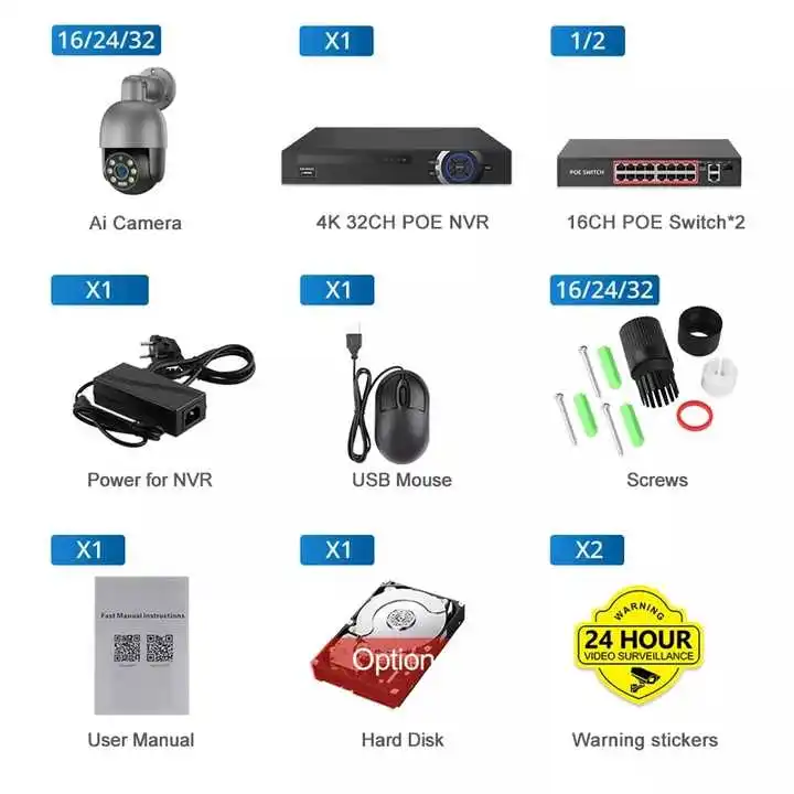 32CH H.265 POE 4K 8MP NVR Security Camera System Night Vision Two-Way Audio Indoor Outdoor 8 Channel Surveillance Systems