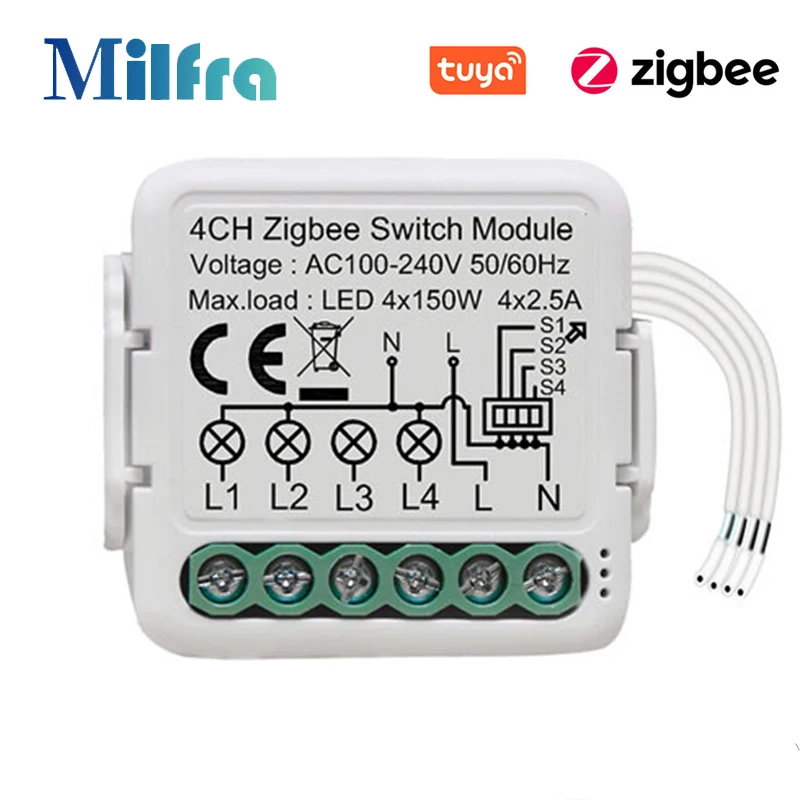 1/2/3/4 Gang Tuya Zigbee Light Switch Module Neutral Wire Required 2 Way Control DIY Smart Breaker Works with Alexa Google Home