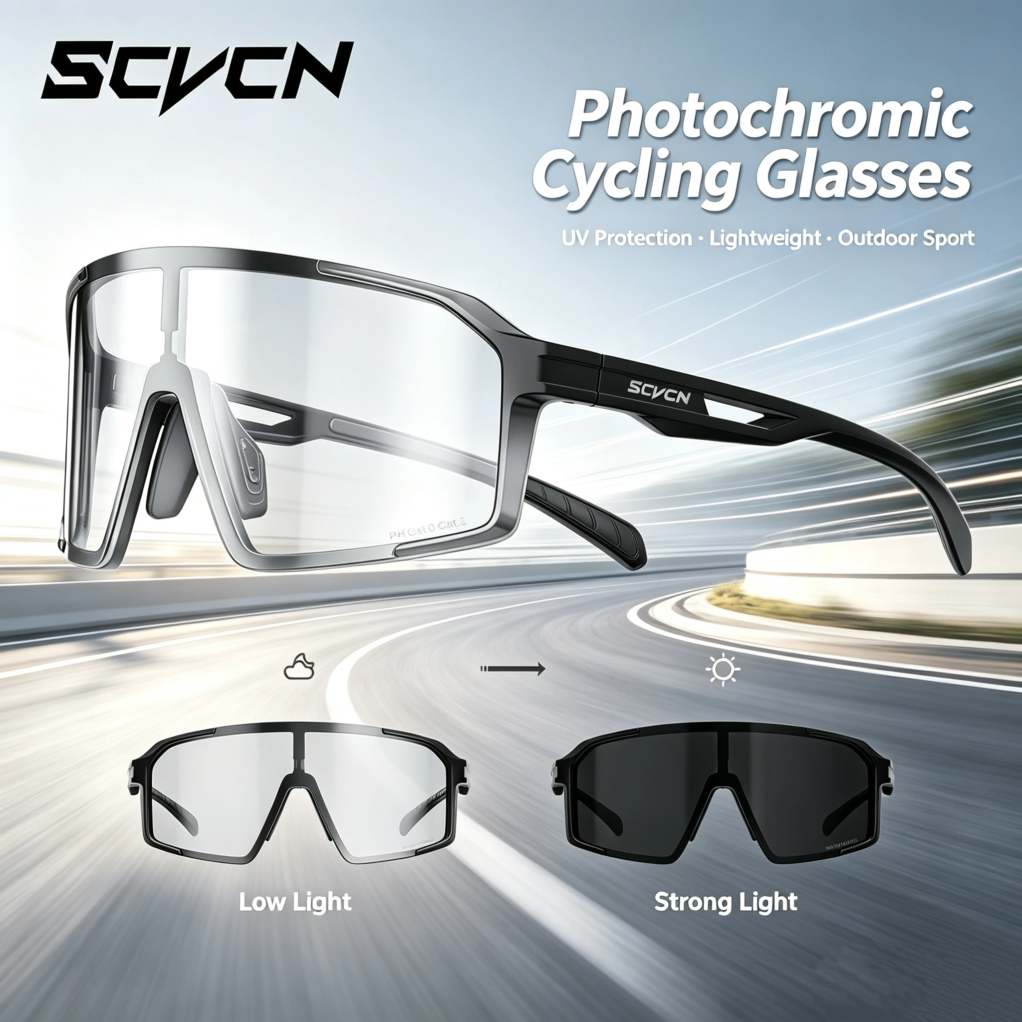 Lunettes de soleil photochromiques SCVCN UV400 pour le cyclisme, lunettes de sport décontractées élégantes pour l'extérieur, la randonnée, la course à pied et la conduite