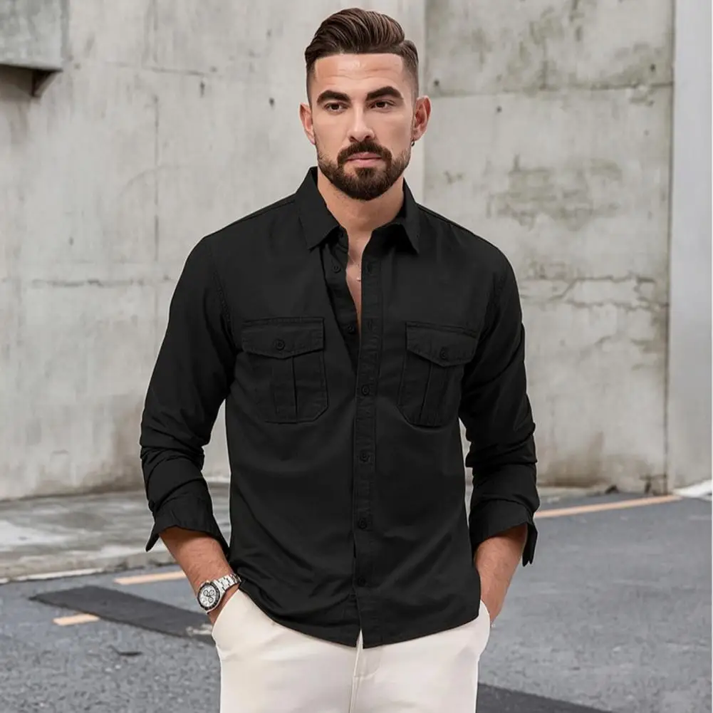 Men's Long Sleeve Button Down Shirt, Casual Lapel Shirt with Chest Pockets, Regular Fit Lightweight Loose Shirt for Daily Office