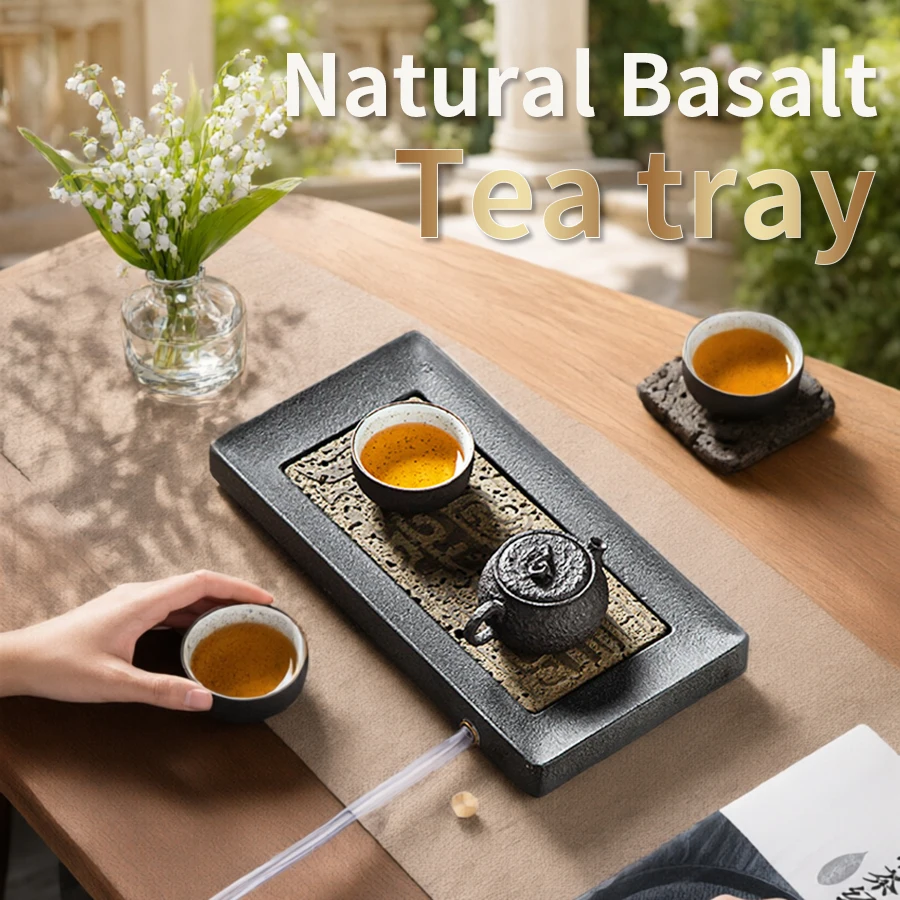 Natural Stone Tea Tray Drainage Black Basalt Hand Carved Phoenix Pattern Rectangular Gongfu Tea Tray Home Decor Gift 30x15cm