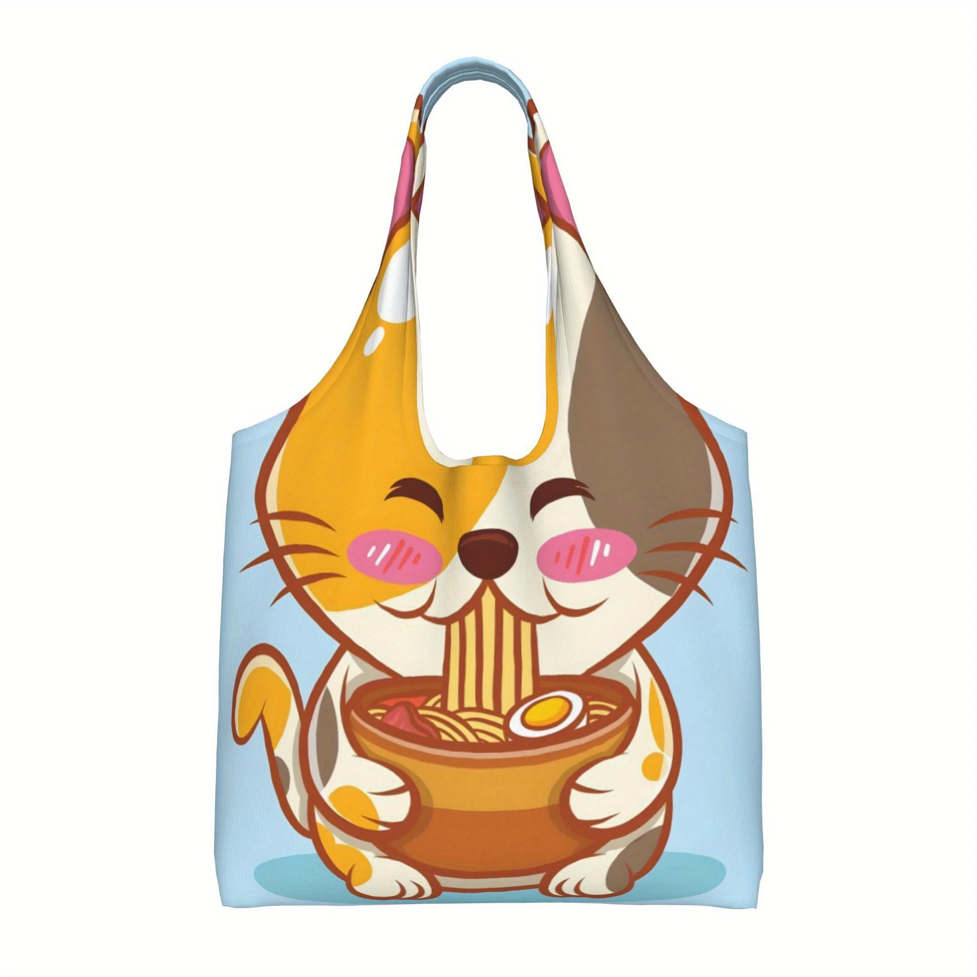 1 bolso de mano de lona de gran capacidad con gato Ramen, bonito diseño de dibujos animados con fideos habitantes de gato amarillo y azul, 14,2x22,8 pulgadas