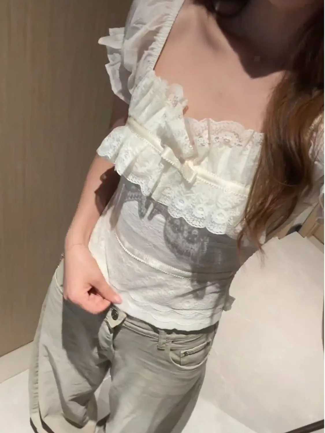 Korean Style Lace Splice Bubble Sleeve Square Collar One Shoulder Top Women's Pure Desire Spicy Girl Trendy Small Shirt