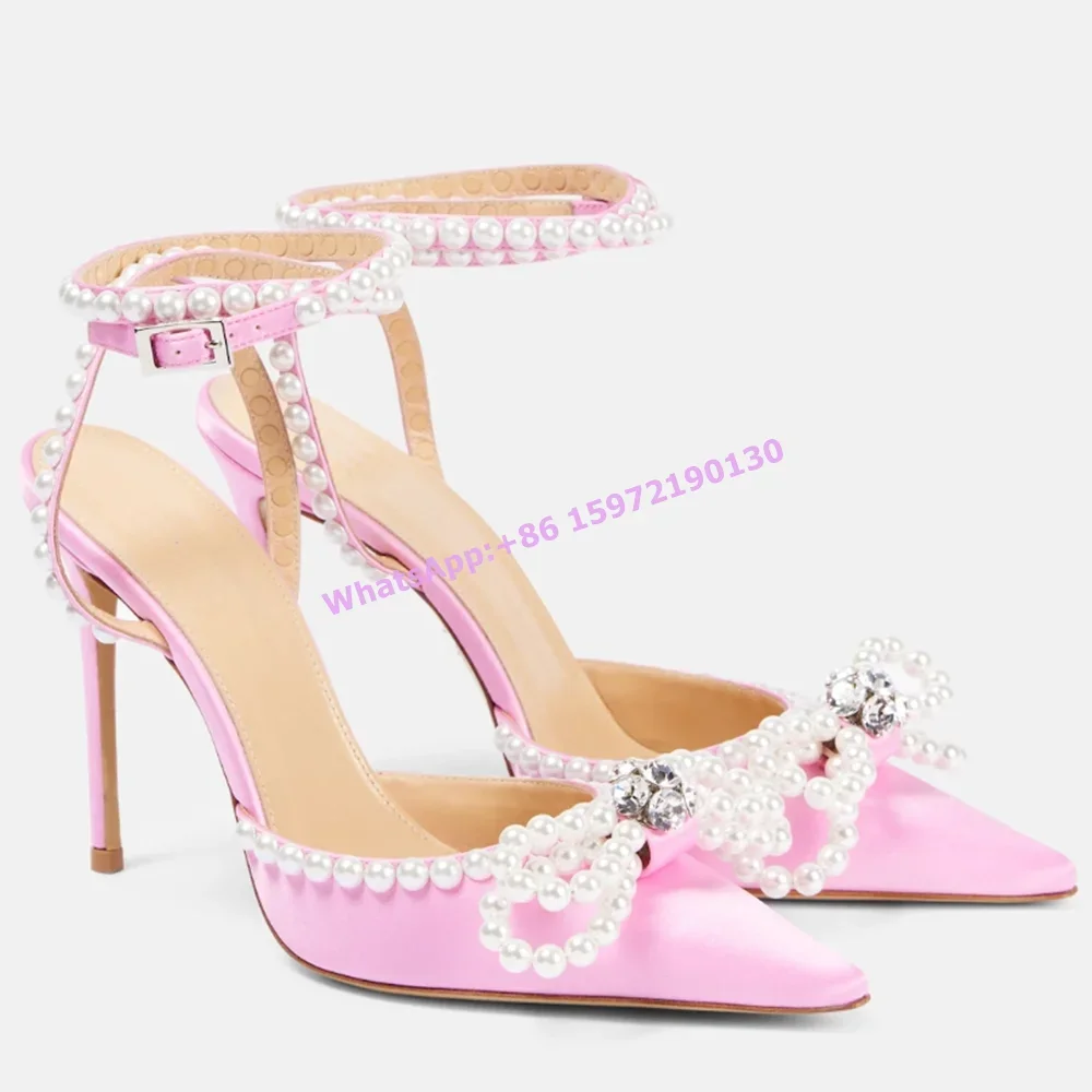 Double Bow Embellished Satin Pumps Peal Chain Ankle Band Thin Heels Pointy Toe Sweet Women's Shoes Summer Runway Luxury Shoes