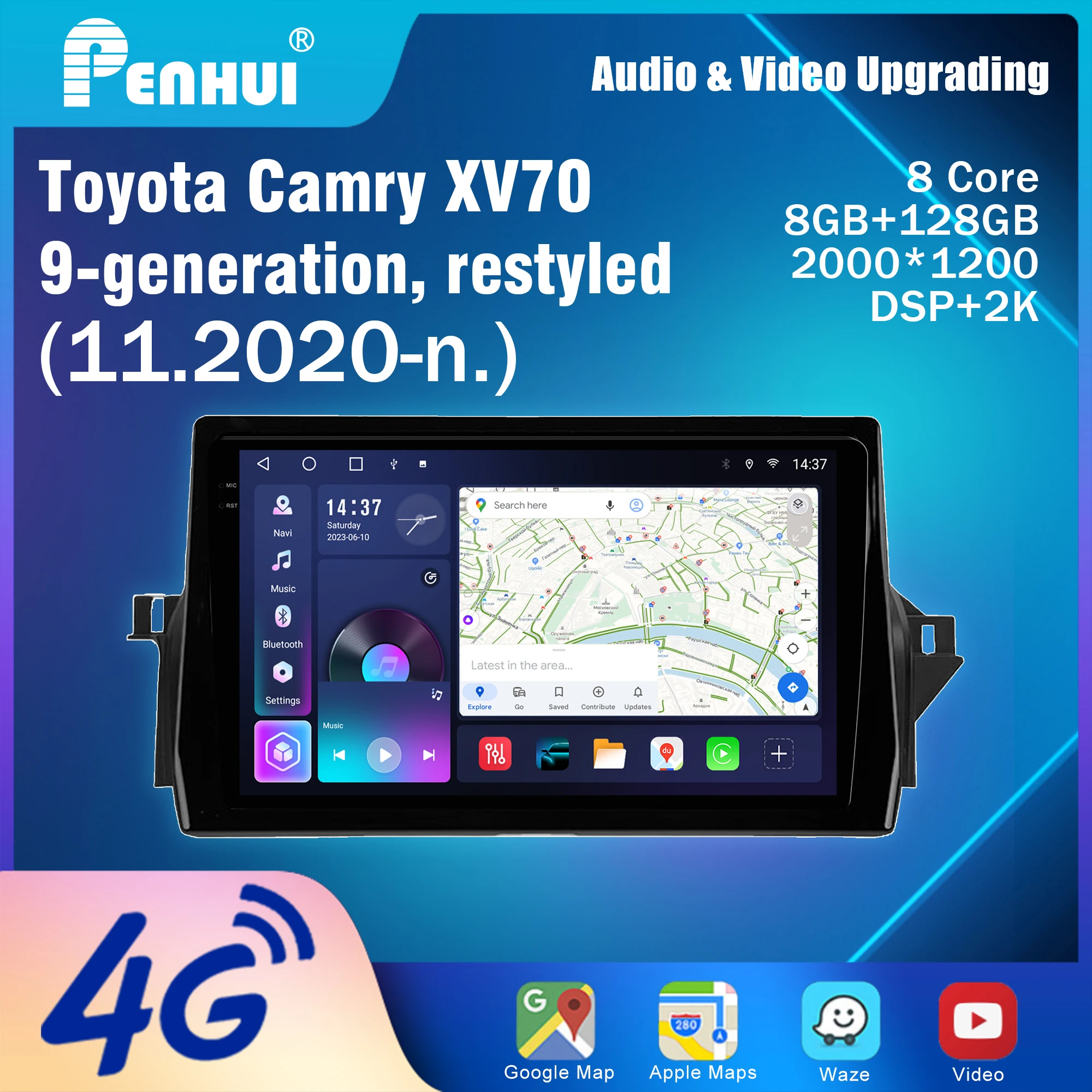 Penhui Android Car DVD Player Screen for Toyota Camry XV70 9-generation, restyled (11.2020-n.) Audio Video 2 Din DSP Bluetooth