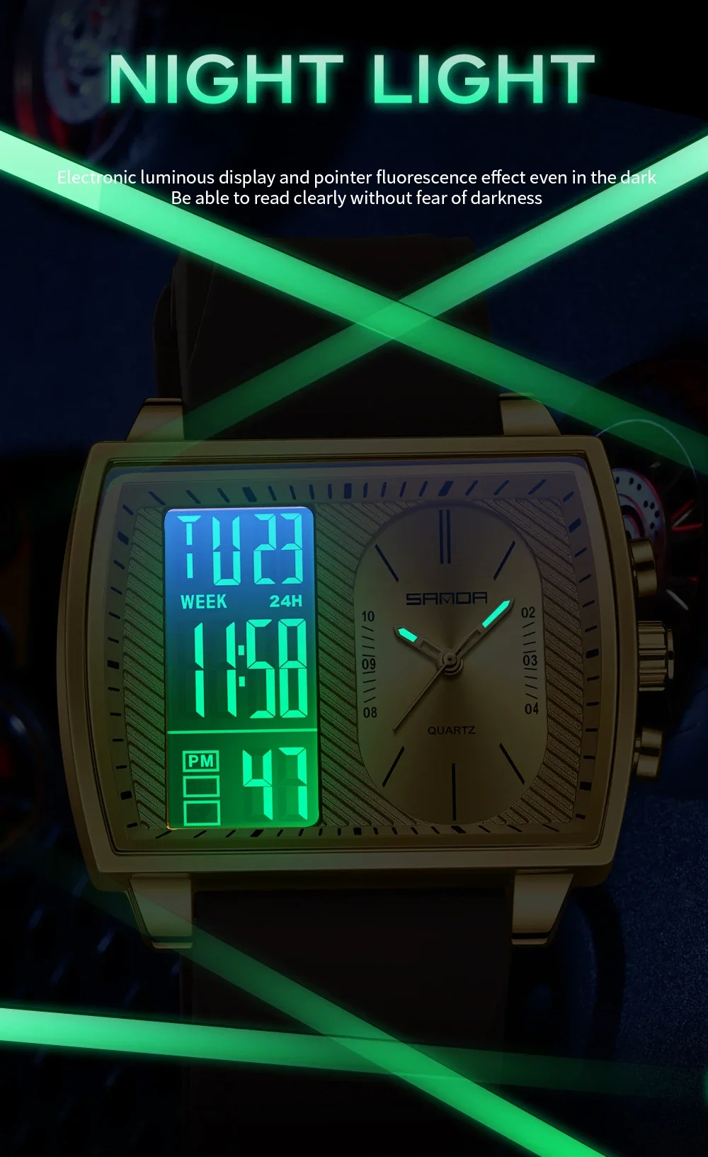 SANDA 2025 ساعة رجالية جديدة متعددة الوظائف عرض مزدوج مقاوم للماء LED شريط إضاءة ساعة إلكترونية للرجال 6238