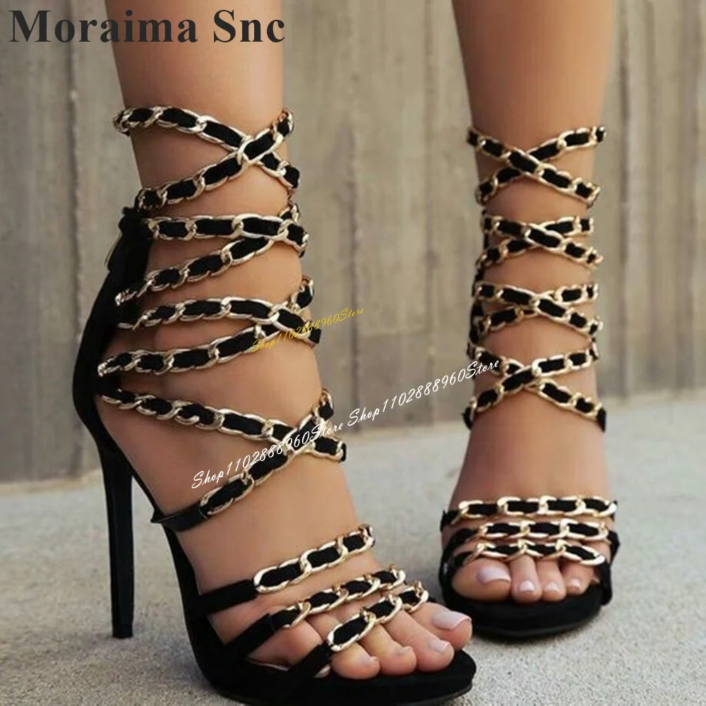 

Black Metal Chain Decoration Strappy Sandals Thin High Heel Women Shoes Back Zipper Open Toe 2024 Fashion Zapatos Para Mujere