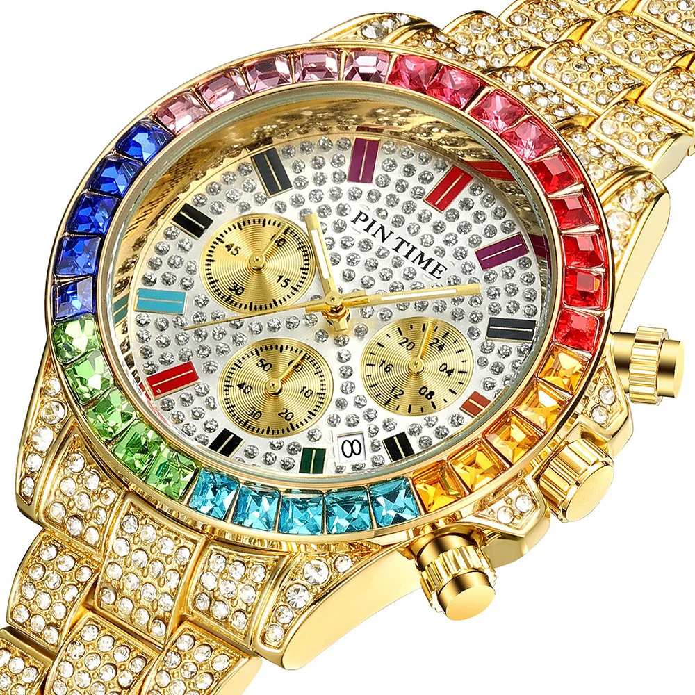 Rainbow Circle Full Diamond Leisure Fashion Versatile Multi functional Night Glow Waterproof Quartz Watch