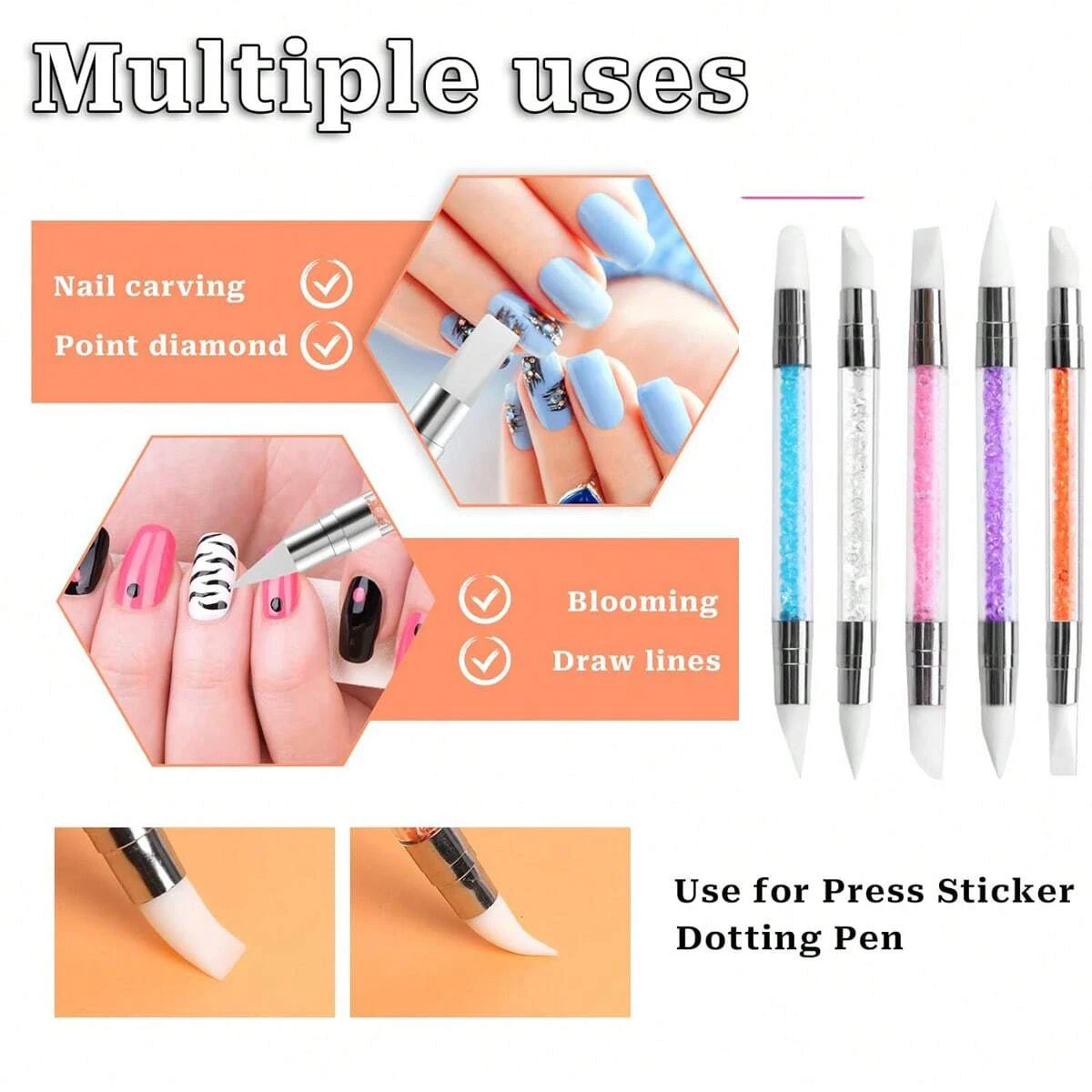 Dual-Ended Silicone Gravura e Embossing Pen, Flor Sculpting Pen, 3D Acrílico Nail Brushes, Espelho Glitter Powder, 5Pcs