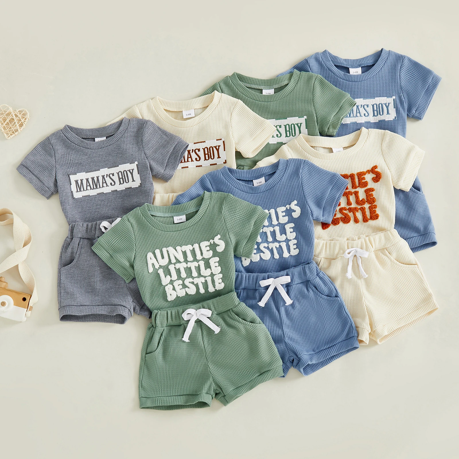 ملابس صيفية للأطفال الأولاد والبنات، شورت رومبير بأكمام قصيرة مطرز بحروف مكونة من قطعتين #1