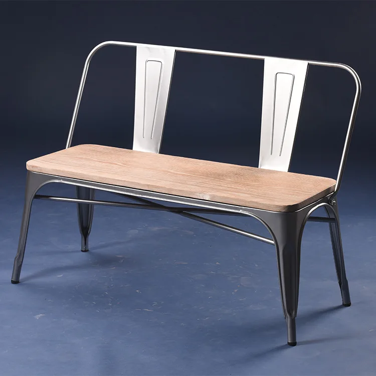 Industrial wind iron chair, wrought iron solid wood double seat backrest leisure bench, restaurant cafe metal chair
