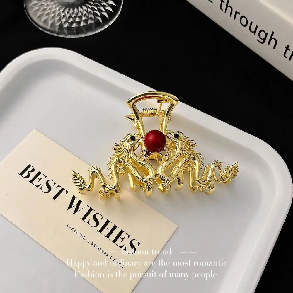 Fashion Red Zodiac Dragon Hair Claw New Year Headwear Hairpin Animal Hair Clip Cartoon Chinese Style Rhinestone Shark Clip Girl