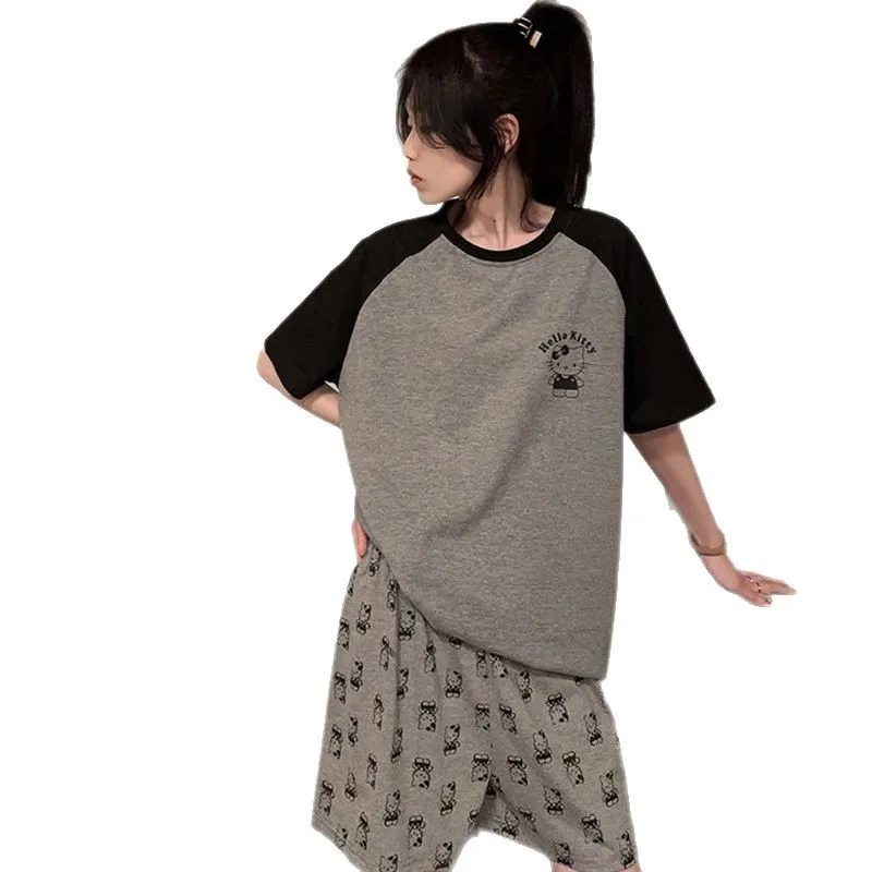 Women's Pajama Set with Built-in Bra Short Sleeve Shorts Comfortable Homewear Plus Size