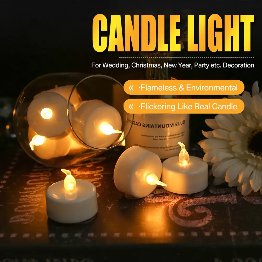 Realistic Flickering Flameless LED Tea Lights Candle Warm White Yellow Battery Operated Ideal Party Votive Wedding Table Decor