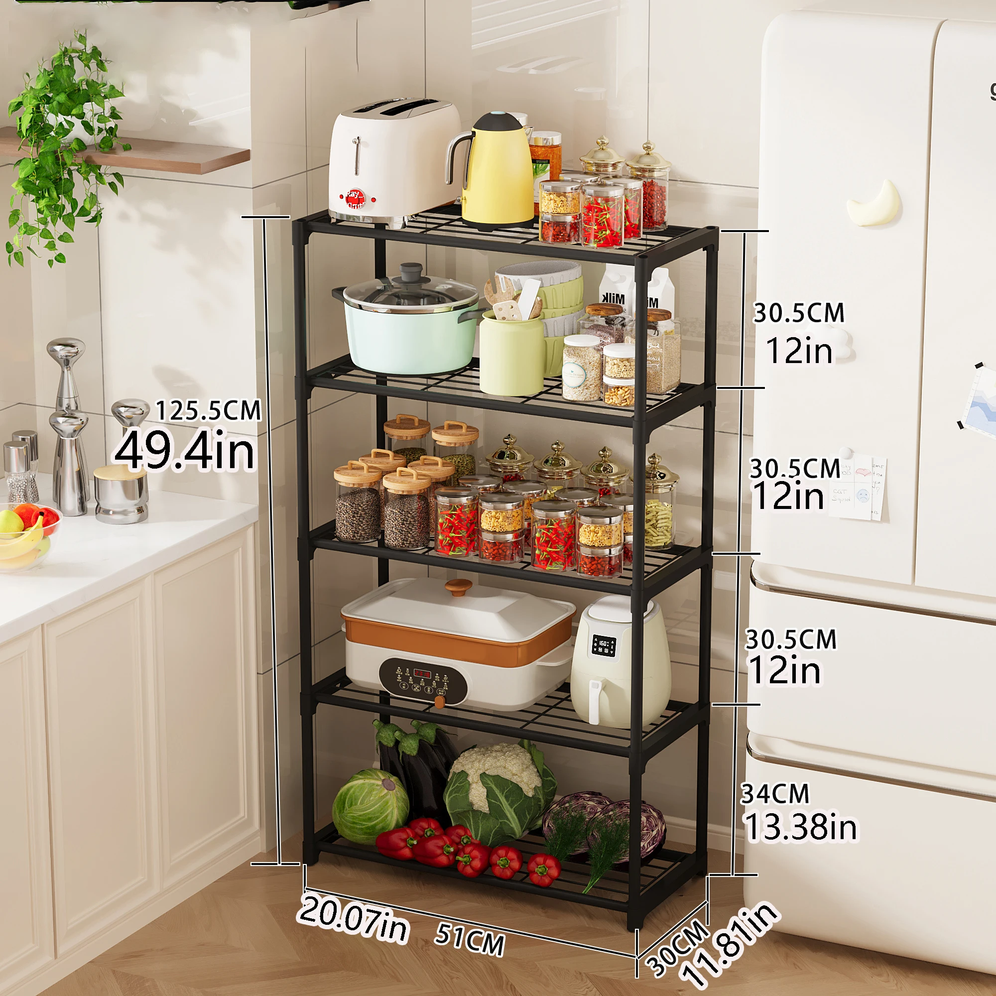 Kitchen Appliances In Store - 多機能な床置き型収納ラックは、様々な段数で利用可能で、異なる収納ニーズに対応します。冷蔵庫の横やキッチンの隙間に設置でき、空きスペースを有効活用して電気調理器、炊飯器、ケトル、パン焼き機などの小型キッチン家電を収納できます。また、調味料瓶、密封された穀物容器、食器、果物や野菜などを別々のエリアに整理できます。キッチン、バルコニー、収納室などでの使用に適しており、様々なキッチン用品や雑貨を整理できます。