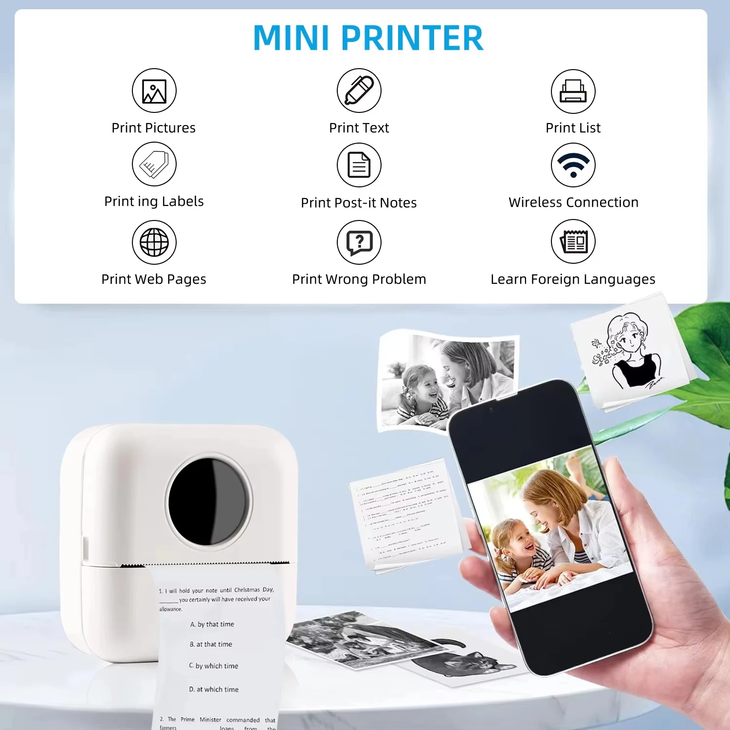X5 Mini HD Portable Label Thermal Printer Endurance Bluetooth Printer for Student Error Title Note Wrong Pocket Inkless Printing