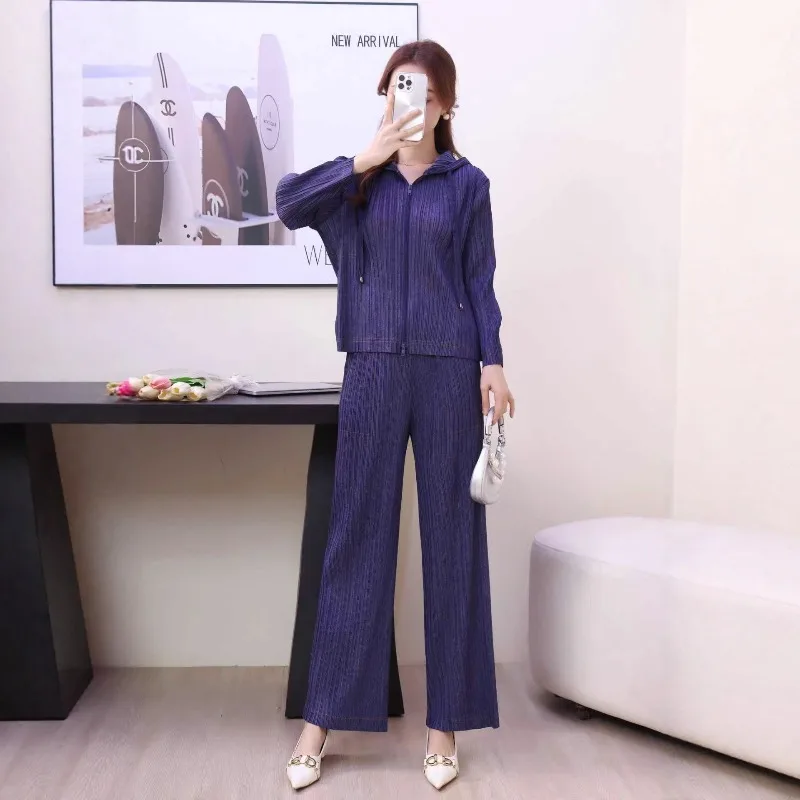 Miyake plissado longo terno sênior sentido outono inverno 2025 novas plissadas com capuz cardigan jaqueta calças retas temperamento terno fino