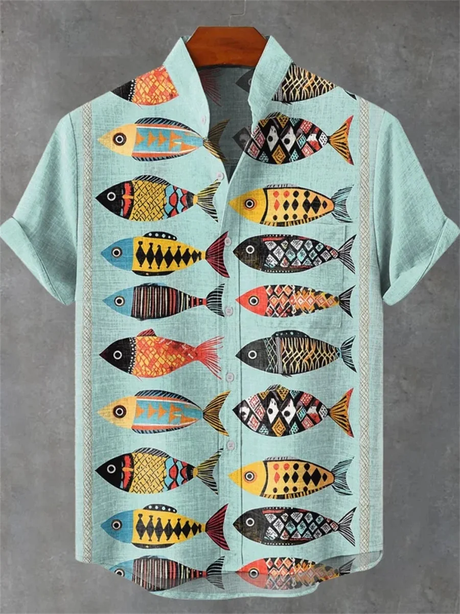 2025 new fashion short-sleeved shirt, made of comfortable and breathable fabric, new linen stand-up collar with fish print